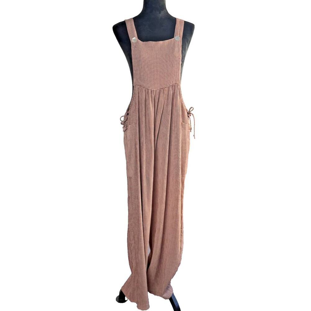 Women's Overalls Jumpsuit Size 2 Gingham Bib Wide Leg Side Tie Cottagecore Boho